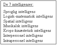 Tekstboks: De 7 intelligenser:
Sproglig intelligens
Logisk-matematisk intelligens
Spatial intelligens
Musikalsk intelligens
Krops-kin�stetisk intelligens
Interpersonel intelligens
Intrapersonel intelligens
